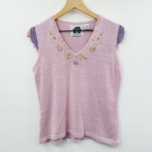 Storybrook Knits Vintage Knit Beaded Crochet Tank in Pink Purple Size Small